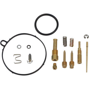 The Polaris Carburetor Repair Kit by Shindy includes O-rings, float valves, springs, jet needles, a circlip, and assorted brass jets and screws, all displayed on a white background.