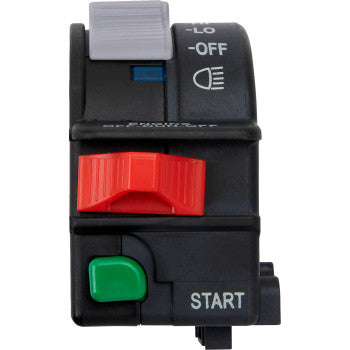 Black rectangular Polaris switch block with gray toggle, red rocker switch, and green push button labeled Start.