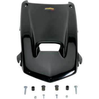 The Hood Black Scooped by Maier, made of OE color-matched high-density polyethylene with a central rectangular slot and "maier" label, is displayed above included screws, bolts, and rubber mounts on a white background.