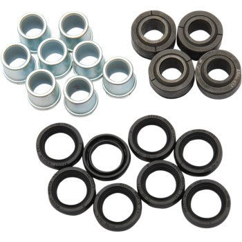The A-Arm Bearing Kit Front Upper by Pivot Works features assorted metal and black rubber bushings, needle roller bearings, and seals arranged on a white background—ideal for steering control or Yamaha kits.