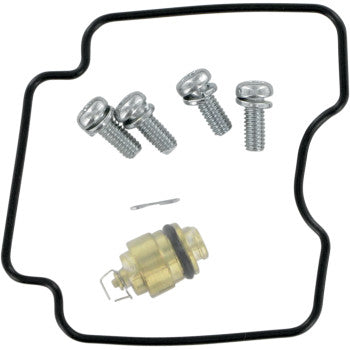 The Yamaha Carburetor Repair Kit by K&L Supply, arranged on a white background, includes a black rubber gasket, four silver screws, a brass needle and seat with O-ring, and a small metal pin.