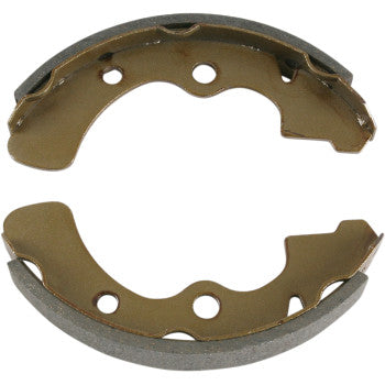 Two metallic, curved Kawasaki Mule Brake Shoes 9203 by Dp Brakes with holes are positioned to form an open circle against a white background.