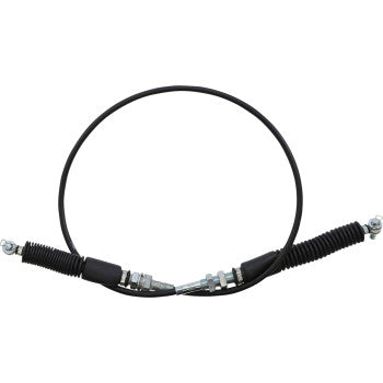 Black flexible shifter cable with metal threaded ends and protective rubber boot covers at both terminals.