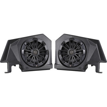 The Polaris Speakers and Enclosure Rear by Mb Quart are black, angular coaxial speakers with round, grill-covered drivers, designed for easy vehicle installation using a simple plug-and-play harness.