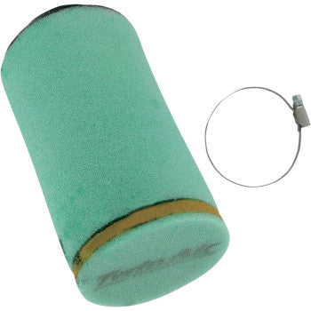 The Polaris Factory Pre Oiled Air Filter by Twin Air is a green cylindrical filter with a yellow stripe near the bottom, shown beside a circular metal clamp. This pre-oiled air filter is ready to install and ensures optimal engine protection.