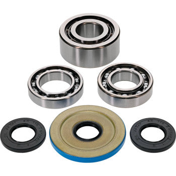 The Can Am Differential Bearing Seal Kit Front by Moose Offroad includes five EMQ-quality bearings and three black rubber seals, all arranged on a white background; one bearing has a distinctive blue and gold edge.