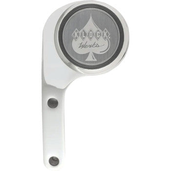 The Switch Mount - iOmount™ - Chrome by Klock Werks is a silver bracket with two mounting holes, a round engraved spade top, Klock Werks text, and is compatible with the iOmounts magnetic phone system.