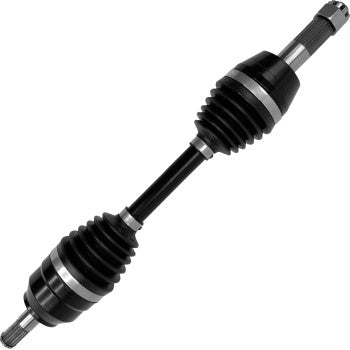 The Honda TRX Axle Complete Heavy Duty Front Right by Demon is a black and silver CV axle with rubber boots, designed for reliable power transfer from transmission to wheels—ideal for CV joint upgrades.