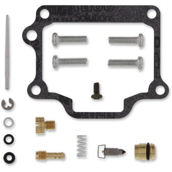 The Kawasaki Carburetor Repair Kit by Moose Offroad includes screws, fuel-resistant gaskets, jets, springs, NBR O-rings, and a needle, all neatly arranged on a white background.