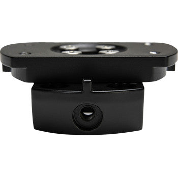 A close-up of the Swivel Mount Tower Speaker by Mb Quart shows its black, rectangular design with a central circular opening and visible top screws. This sturdy mount ensures secure installation and supports 180-degree rotation.