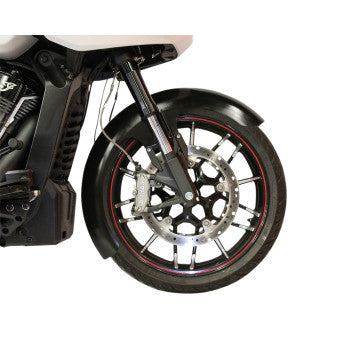 Close-up of a motorcycle’s front wheel fitted with the Klock Werks Fender Wrapper - 16 / 19, showcasing its stamped steel fender, silver disc brake, black spokes, red rim stripe, and parts of the Challengers frame and suspension.