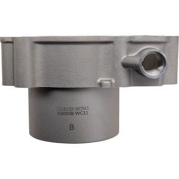 A cast aluminum cylinder with a flange and side opening, labeled "CYLINDER WORKS 600058 WC11 B" on the smooth section. Product: Polaris Cylinder 99.00 mm by Moose Offroad.