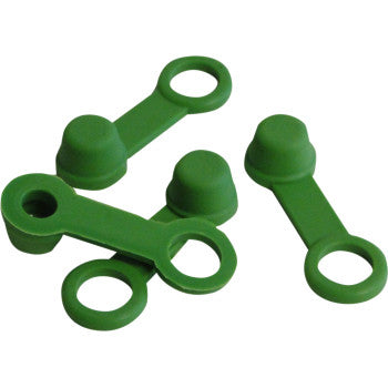 Four green Helix Brake Bleeder Caps from a 4-pack, designed to cover and protect round fittings or brake bleeders, are arranged on a white background.