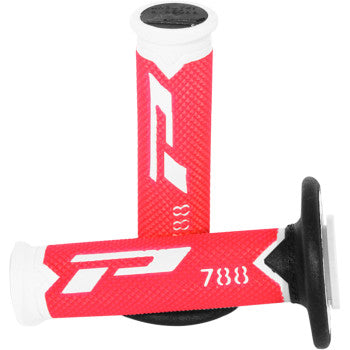 The Cross Triple Density 788 Grips White Red Black by Pro Grip are textured grips for 7/8 handlebars, featuring a white P logo and 788 on the sides. They have black end caps and triple density design to reduce vibration for smoother rides.