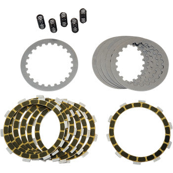 The Clutch Plate Kit by Barnett includes steel drive plates, textured friction plates, and multiple coil springs, all neatly arranged on a white background.