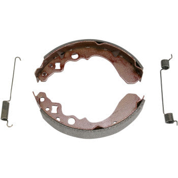 Two curved Brake Shoes by Ebc with a textured edge are arranged in a semicircle, paired with two original-style brake springs—one on each side—against a white background.