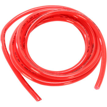 The Helix High Pressure Fuel Line Red 1/4" 10' is a coiled, transparent red polyurethane hose with visible ends, known for abrasion resistance, shown on a white background.