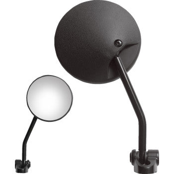 The Side View Mirror Flag Round Black by Parts Unlimited features a round, black design with a curved arm and universal mount bracket, displayed from front and angled side views against a white background.