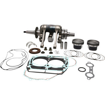 The Engine Rebuild Kit by Prox includes a crankshaft assembly, performance pistons, gaskets, seals, bearings, and assorted small engine parts—all neatly arranged on a white background.