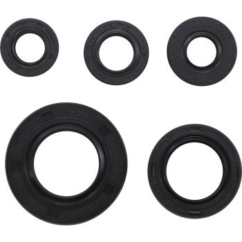 The Honda Oil Seal Set by Moose Offroad features five black rubber oil seals of different sizes, perfect for engine rebuild kits, arranged on a white background with three smaller seals above two larger ones.