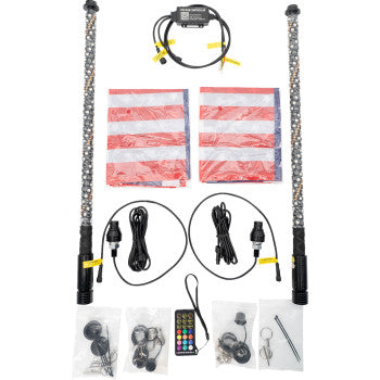 The Whip Light 2 Quick Connect Pair by Brite-Lites includes two LED whips with music sync, magnetic quick disconnect bases, two American flags, remote control, cables, and mounting hardware—displayed on a white background.