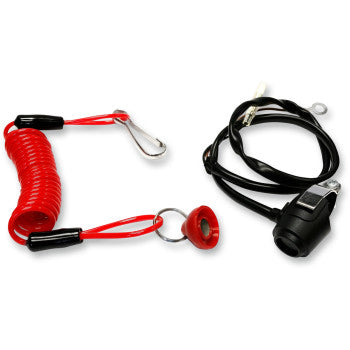 A red coiled safety lanyard with metal clips is next to a black Kill Switch Circuit Normally Closed by K&S Technologies, featuring attached wires and a red rubber cap.