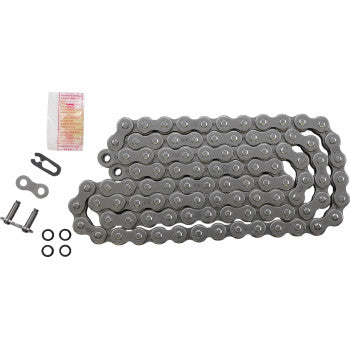 Gray metal motorcycle chain with 98 links, included master link and small O-rings, packaged sealant pouch nearby.