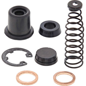 The All Balls Brake Clutch Master Cylinder Rebuild Kit Front includes a metal spring, copper washers, EPDM rubber seals, a plastic cap, and a circular clip, all displayed neatly on a white background.