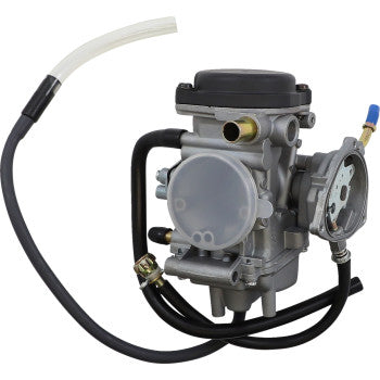 Metal Yamaha replacement carburetor with black fuel hoses and a circular black top cover.
