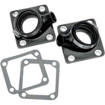 Two Yamaha Intake Manifolds 34 mm/35 mm by Moose Offroad, each with four bolt holes and matching gray gaskets, feature angled cylindrical openings for improved carburetor airflow. All items are shown on a white background.