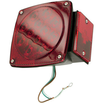 The Replacement LED Trailer Light (Right) Waterproof by Optronics Inc. features a red square design, clear lens cover, visible circular LEDs, exposed wires, and an included license plate bracket for easy installation.