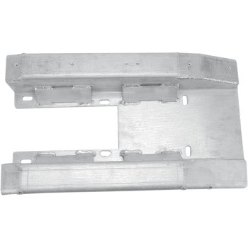 The Honda Swingarm Skid Plate by Motorsport Products features two parallel raised edges with multiple mounting slots and holes, providing strong structural support and protection as an ATV skid plate or aluminum swingarm guard.