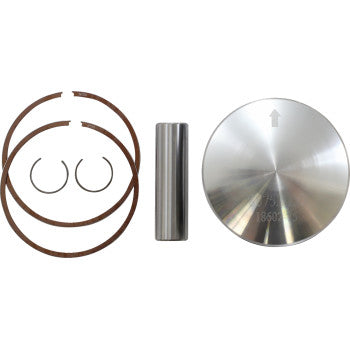 Silver metallic piston with accompanying brown piston rings and a small cylindrical metal pin arranged on a white background.