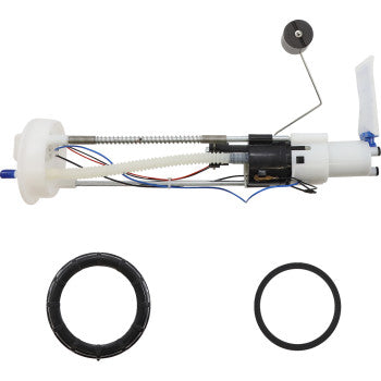 White cylindrical Polaris fuel pump module with attached float arm, wiring, and two black rubber seals.