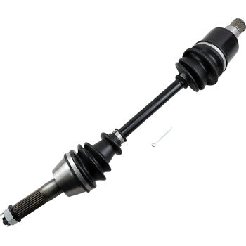 Black and silver metal CV axle with rubber boot and splined ends for offroad vehicle replacement.