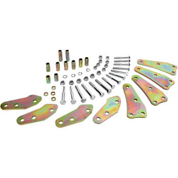 The Lift Kit Front Back 2.00 by High Lifter includes metallic brackets, bolts, nuts, and spacers neatly arranged on a white background, providing increased ATV clearance for big wheel kits or rugged terrain.
