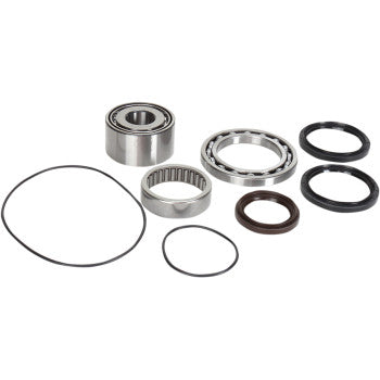 The Yamaha Differential Bearing Seal Kit Rear by Moose Offroad features assorted quality bearings, needle roller bearings, and both black and brown rubber seals, all arranged on a white background.