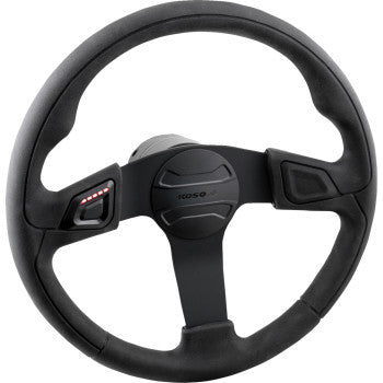 The Steering Wheel Heated by Koso North America is a black racing-style wheel with a central hub, two paddle buttons, and a left-spoke digital display with red indicator lights, plus an integrated low voltage cut-off for enhanced safety.