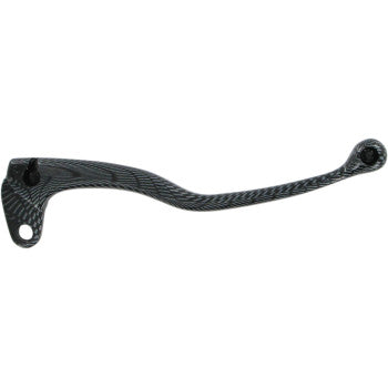 The Clutch Lever Carbon Fiber Look by Parts Unlimited is a black, alloy lever for motorcycles with a curved design and two mounting holes.