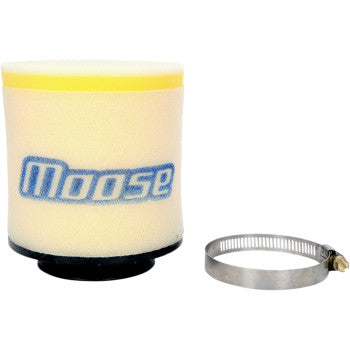 The Arctic Cat Air Filter by Moose Offroad, a cylindrical two-layer foam filter with blue Moose branding, is shown beside a metal hose clamp on a white background, providing maximum protection.