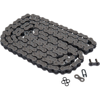 A coiled 520 SRX2 Drive Chain 160 Links by Ek, with loose links, connectors, and O-rings beside it—an OEM replacement designed to reduce friction for bicycles or motorcycles.