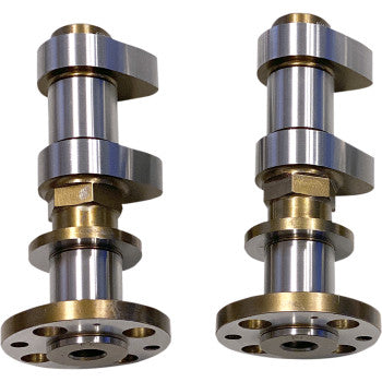 Two shiny metal Andrews Performance Cams with bronze sections and circular bases featuring multiple holes, standing upright side by side on a white background—ideal for street cam upgrades.