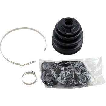 The Boot Kit Heavy Duty Inbound Outbound by Demon includes a black Neoprene rubber boot, two metal clamps, and Molybdenum grease, shown on a white background.