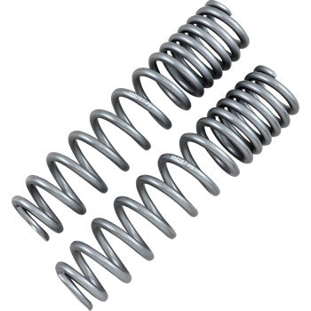 Two robust, shiny Shock Springs Rear Silver by High Lifter, coiled helically and placed side by side on a white background, serve as OEM replacement parts designed to reduce fatigue during use.
