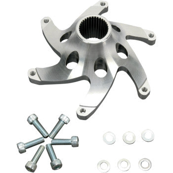 The Yamaha Banshee Wheel Hub Sprocket 6 Bolt by Lone Star Racing is a lightweight, machined metal part with a star-shaped design, six mounting holes, and a central splined opening. Below it are six bolts, six washers, and six lock washers arranged neatly.