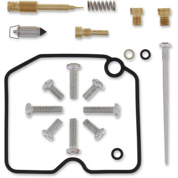 The Arctic Cat Carburetor Repair Kit by Moose Offroad includes screws, jets, a needle, springs, and fuel-resistant NBR rubber O-rings, all neatly arranged on a white background.