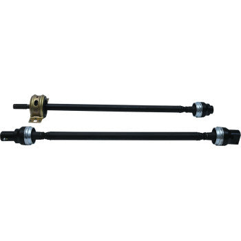 The Complete Propeller Shaft by All Balls, shown in black metal with silver and brass fittings, features greaseable U-joints and transmits rotational force as part of a complete driveline.