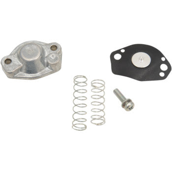 The Can Am Polaris Yamaha - BSR Air Cut Off Valve Rebuild Kit by Mikuni includes a metal cap with an aluminum cover, a black gasket with a silver center, two metal springs, and one screw on a white background. Made in Japan.