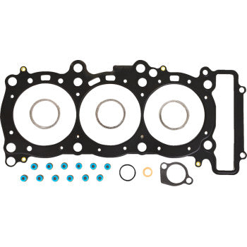Black multi-hole gasket set with three circular metal-lined openings and various small blue, copper, and black seals.