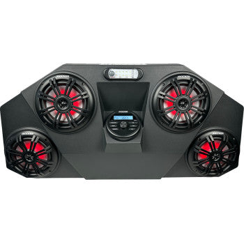 Black angular audio panel with four red-accented speakers and central control unit with LED light.